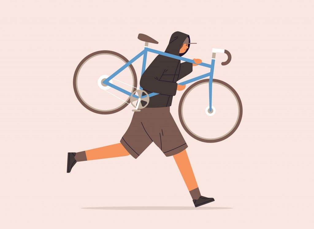 Male carrying broken bike to repair service vector flat illustration. Criminal guy in cap running with raising up bicycle during robbery isolated on white background. Man in hoodie stealing vehicle.