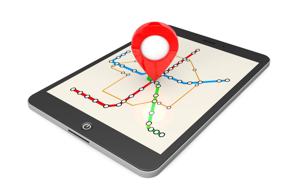 Navigation via Tablet PC. Location Pointer on Tablet PC with Abstract Transportation Metro or Subway Map on a white background. 3d Rendering